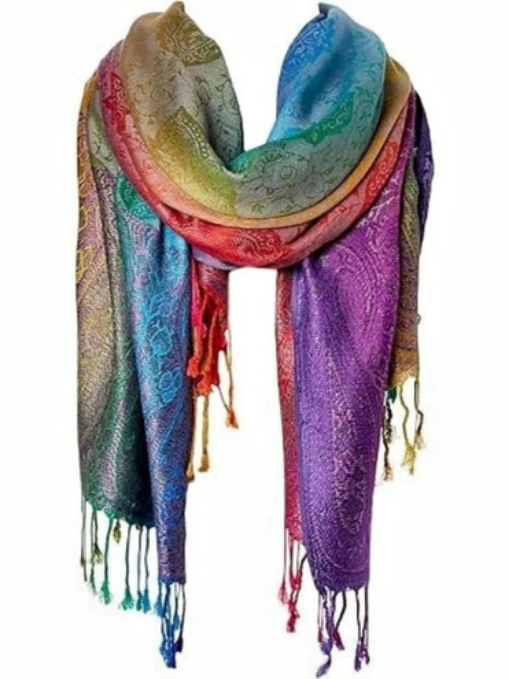 Vibrant Rainbow Paisley Pashmina Shawl Fringe Wrap Scarf – 2 Yards